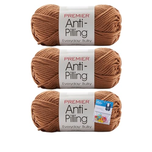 Premier Yarns Everyday Bulky Anti Pilling Chunky Yarn 3.5 Ounce 6 Super Bulky Weight 3 Pack Bundle with Bella's Crafts Stitch Markers (Caramel)