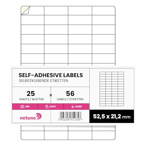 Netuno 25 étiquettes blanches autocollantes A4 52,5 x 21,2 mm (56 pièces par feuille) etiquettes autocollantes imprimables etiquettes d'adresse étiquettes pour impression jet d’encre laser