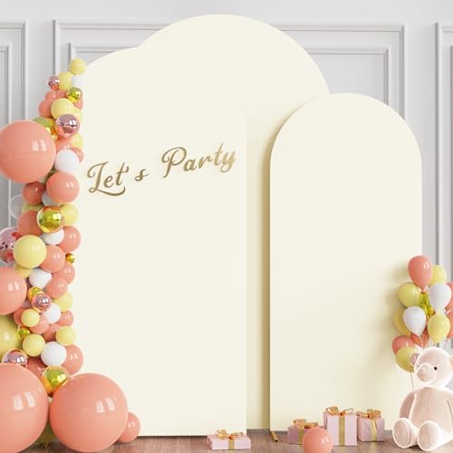 Image of Wokceer Wedding Arch Backdrop Cover (8FT, 7.2FT, 6.6FT) Set of 3 Spandex Fitted Wedding Arch Stand Covers Round Top Chiara Backdrop Stands Cover for Birthday Party Ceremony Banquet Decor Ivory