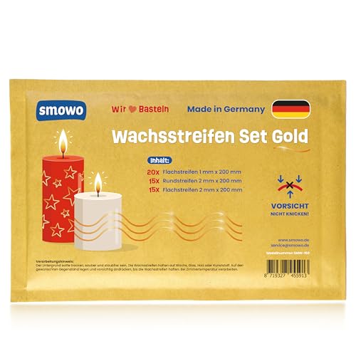 Smowo® 50 Stück Wachsstreifen Gold Set 200mm - Verzierwachs für Kerzen in verschiedenen Formen - Wachs für Taufe Kommunion Hochzeit