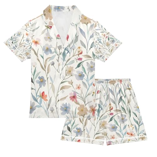 senya Cute Watercolor Wildflowers Satin Summer Pajama Sets Silk Short Sleeve Button Down Sleepwear