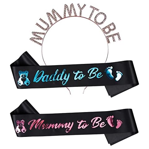 SUNYOK 3 Pcs Mummy To Be Sash Daddy To Be Sash Mummy and Daddy To Be Sash Mum To Be Baby Shower Sash and Tiara for Baby Shower Party Decoration Cover