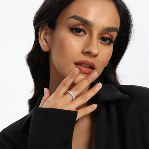 MDFUN 18K Yellow Gold Plated Engagement Promise Wedding Ring Baguette Ring Eternity Band for Women, 2 Rows Emerald Cut Cubic Zirconia Rings Size 5-102