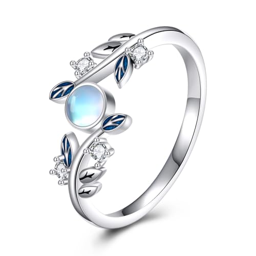 Bague en argent pierre de lune et motif feuille pour femme taille 7