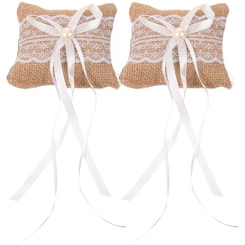HOOTNEE 2Pezzi Cuscino Portafedi Lino con Pizzo Da per Matrimonio per Conservazione Fedi Nuziali Anelli Elegante Scatola Porta Anelli per Cerimonie