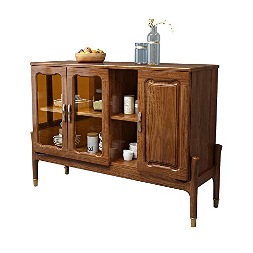 QINJIE Aparador Tipo Buffet Moderno de Madera de Pera Dorada de pies Altos, Armario de Almacenamiento Multiusos, con 2 Puertas de Vidrio y 1 Puerta para Cocina, Comedor, Sala de Estar