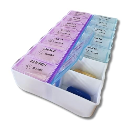 Caixa Organizador Porta Comprimido Remédio Vitaminas Semanal 2 x Por Dia Manhã e Noite Premium - Mar