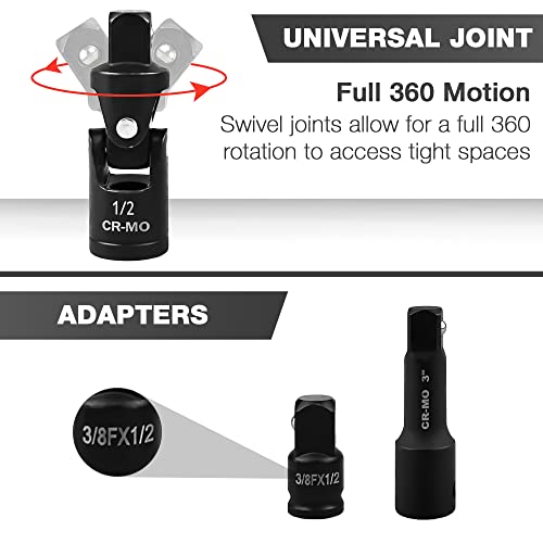 EACELIY 20-piece 1/2\" Deep Impact Socket Set, Including Impact Adapter Set, Extension Bar and Universal Joint, 10mm-24mm Metric Size, Driven Deep-Draw Socket Set, Cr-Mo Steel, 6-Point Design