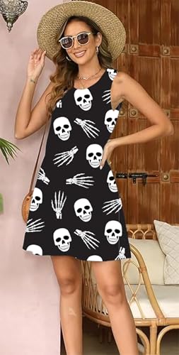 Image of Halloween Skeleton Sundresses Women Skull Print Sleeveless Pumpkin Face Jack O' Lantern Mini Tank Dress