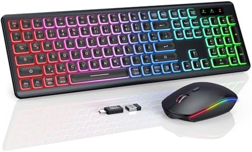 Kabellose Tastatur und Maus Set, hintergrundbeleuchtet, wiederaufladbar | leises Full-Size Design mit klappbaren Neigungsfüßen, RGB-Maus, 2,4 GHz für Windows, Mac, PC, Laptop, SABL
