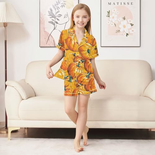 Satin Pajama Sets Short Sleeve Pumpkin Pattern Print in Orange Button Down Silky Nightwear 2 Piece PJS 5-14Y3