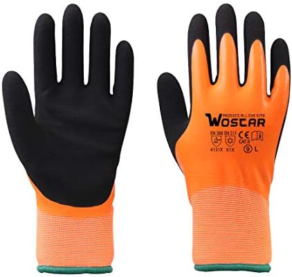 Winter Work Large Gloves for Women, Orange Fleece Lined Waterproof Latex Seamless Knit Glove Coated Smooth Grip on Palm Fingers Safety Work Gloves