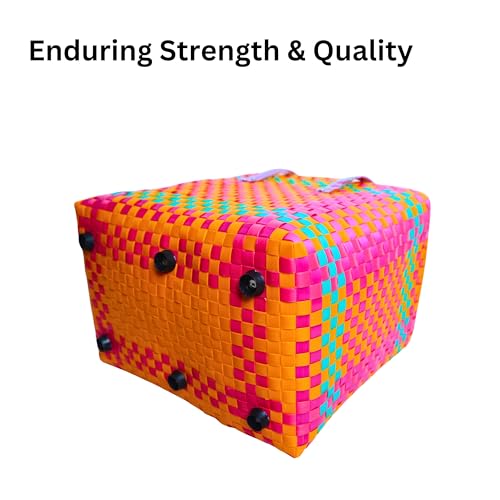Image of Hand Made Multipurpose Plastic Basket with Lid | Eco-Friendly, Washable, Rust-Free Storage Basket for Kitchen, Picnic, Toys, Travel, Office | Lightweight basket (Orange with yellow, Small)