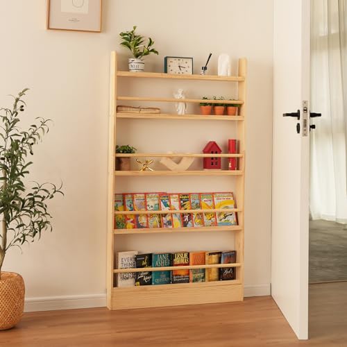 Baveke Kids Bookshelf, 5 Tier Shelves Behind The Door Book Shelf Storage, Children's Solid Wood Bookcase Space- Saving, Wall Mount Bookshelf for Bedroom, Living Room, Office and Nursery（Natural Wood）