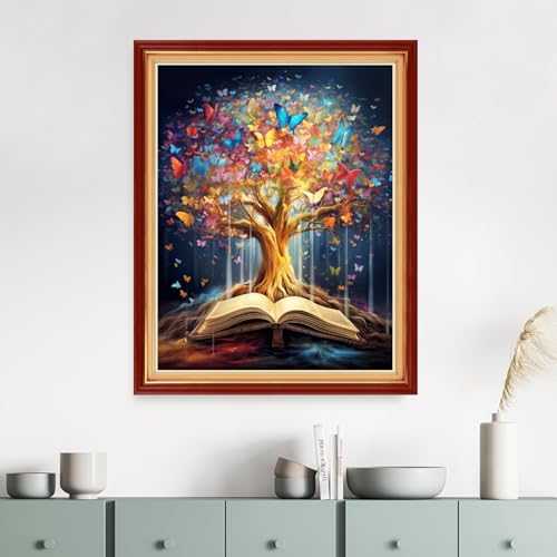 Image of Dimensean Stamped Cross Stitch Kits Full Range of Embroidery Patterns Starter Kits for Beginners Adult DIY Cross Stitches Needlepoint Kits 11CT-Book Colorful Tree 16x20 inch