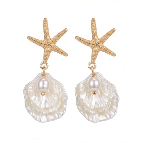 Image of Gold Starfish Mermaid Tail Dangle Drop Earrings for Women, Trendy Cute Pearl Fish Tail Shell Textured Hoop Dangling Earing Summer sea Beach Jewelry Gift.