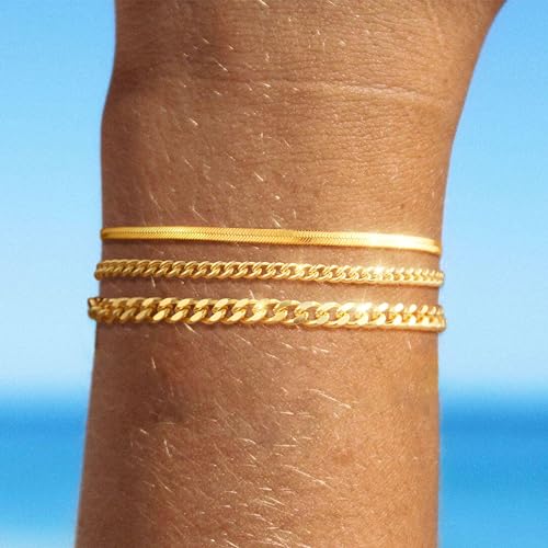 Bracelet for Women - Dainty Stack Bracelets Trendy Adjustable 14K Gold Plated Thin Paperclip Bead Box Satellite Figaro Cuban Link Chain Bracelet Set for Women Waterproof Jewelry Gift