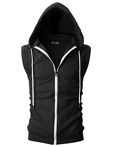 Ohoo Mens Slim Fit Sleeveless Lightweight Zip Up Hooded Sweatshirt Vest Hoodie / DCF012-BLACK-L