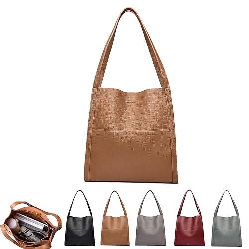 FETNHU Solid Color Simple Genuine Leather Shoulder Bag, Solid Color Simple Shoulder Bag for Women, Large Capacity Waterproof Handbag (Khaki)
