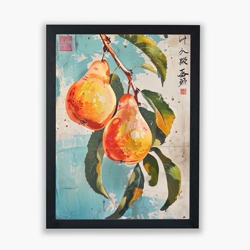 Poires sur Aqua illustration fruits rétro toile encadrée 50x75cm décor salon