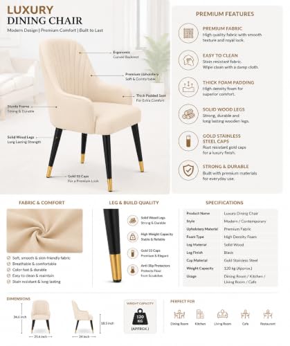Image of 6-Seater Dining Table Set with Nano Composite Marble Top | Golden PVC Wooden Base | Includes 6 Fabric Upholstered Chairs | 2 Year Warranty | Dining Room Furniture Set for Home (Cream)