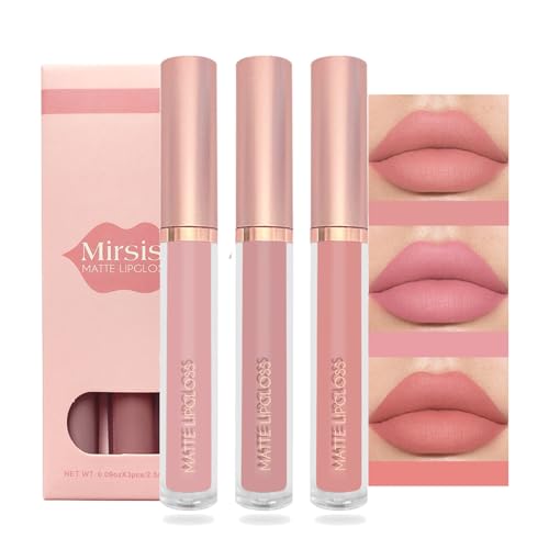Nude Matte Lipstick Set 3 Pcs Nude Lip Gloss, Long Lasting Non Stick Cup Matte Liquid Lipstick, Moisturizing Waterproof Pink Lipgloss, Velvety Waterproof High Pigmented Lipgloss Kit