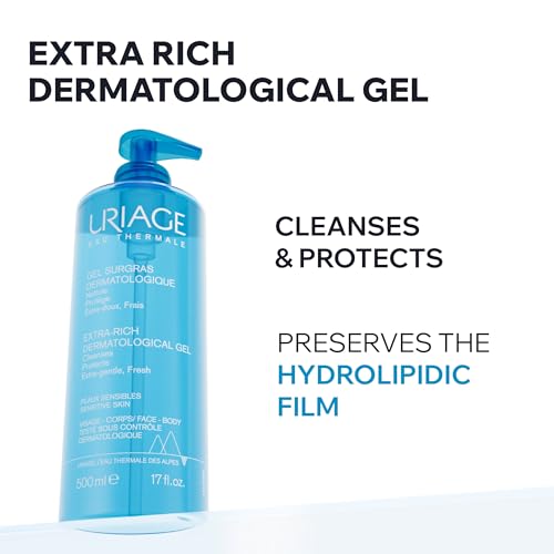 URIAGE Gel de ducha dermatológico extra rico para piel sensible I Mantiene el film hidrolipídico de la piel. Limpiador corporal espumoso y fresco I Cara y cuerpo I Sin parabenos y sin jabón