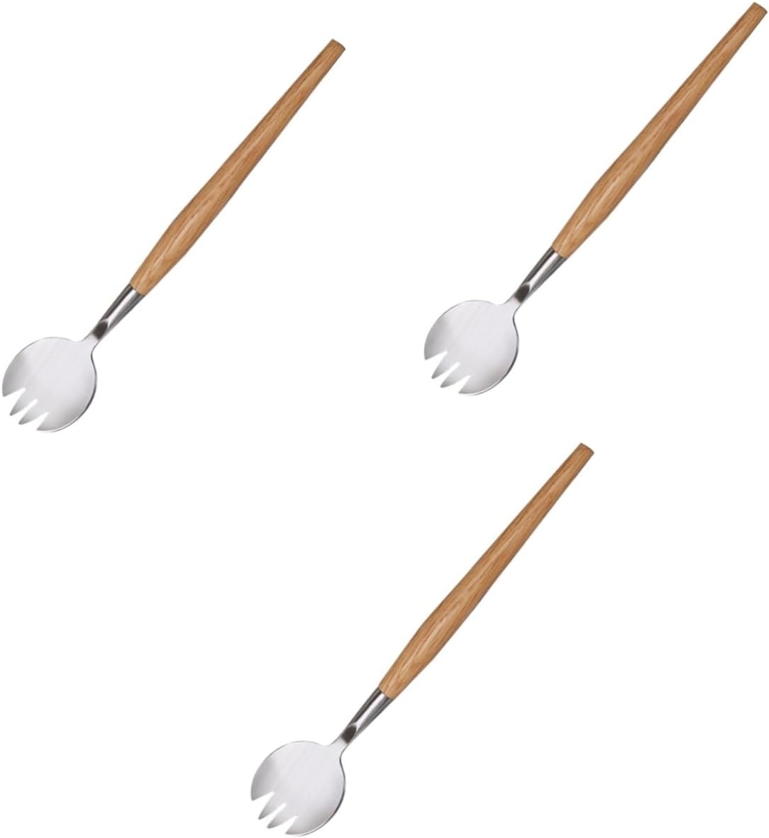 Cabilock 3pcs Salad Utensils for Serving Silverware Fork Stainless Steel Salad Fork Wooden Handle