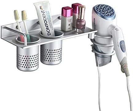 3-in-1 Wall Mounted Aero Aluminum Toothbrush Hair Dryer Organizer Holder Storage Hanging Rack Organizer Silver