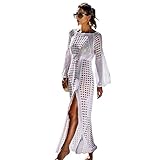 vestido largo playa fiesta Esta funda de traje de baño de crochet tiene escote de pico, ahueca hacia fuera y diseño de tejido de punto y cordón.