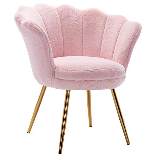HNY Comfy Desk Chair no Wheels, Faux Fur Accent Chair, Vanity Chair for Living Room with Golden Legs, Bedroom, Dining Room, Fur Pink
