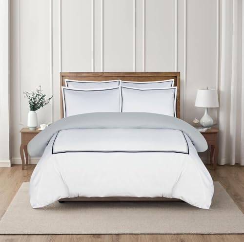 Majestic Giftware Madison Linen 4 Pcs 48" Full Size Duvet Bedding Set (BL57-48F-4pcs) Lyon - Navy/Gray 400 TC 100% Cotton Sateen |1 Fitted Sheet, 1 Duvet, 2 Pillowcases - Noble Collection