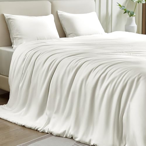 Silk Comforter Set 4 Pieces Queen Size Summer 100% Silk Comforter with Detachable Duvet Cover Cooling Blanket for Hot Sleepers Bedding Set with Comforter Insert Duvet Cover 2 Pillowcases White