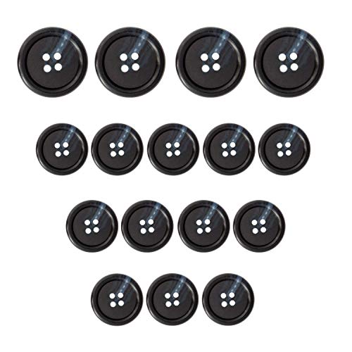 ButtonMode Faux Buffalo Horn Suit Buttons 16pc Set has 4 Buttons Measuring 19mm (3/4 in) for Jacket Front, 12 Buttons Measuring 15mm (5/8 in) for Jacket Sleeves and Pants, Navy Blue, 16-Buttons