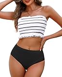 Tempt Me Black White Stripe Women Bandeau High Waisted Bikini Sets Smocked Swimsuit Strapless Two Piece Bathing Suit M