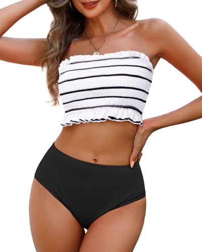 Tempt Me Black White Stripe Women Bandeau High Waisted Bikini Sets Smocked Swimsuit Strapless Two Piece Bathing Suit M