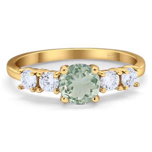 OMRANII Art Deco Five Stone Round Natural Green Amethyst Prasiolite Vintage Style CZ Wedding Engagement Rings For Women 925 Sterling Silver Gifts For Her