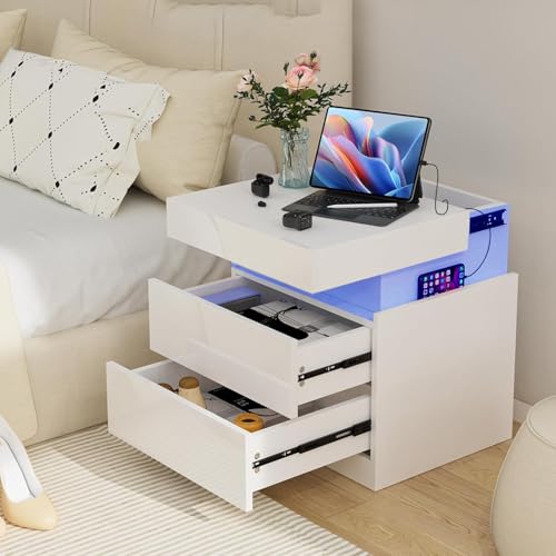 Chleby Moderna Mesita de Noche de Alto Brillo, Blanco Mesitas de Noche Grande Mesillas de Noche Mesa Auxiliar con 2 cajones para Dormitorio, salón