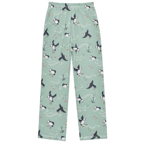 Boy's Pj Pants Lovely Doodle Birds Puffin Green Lounge Bottoms Elastic Waist Kids Joggers with Pockets Size 6-14
