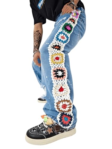 Men's Floral Crochet Baggy Jeans Ripped Distressed Jeans Hip Hop Straight Leg Denim Pants Streetwear