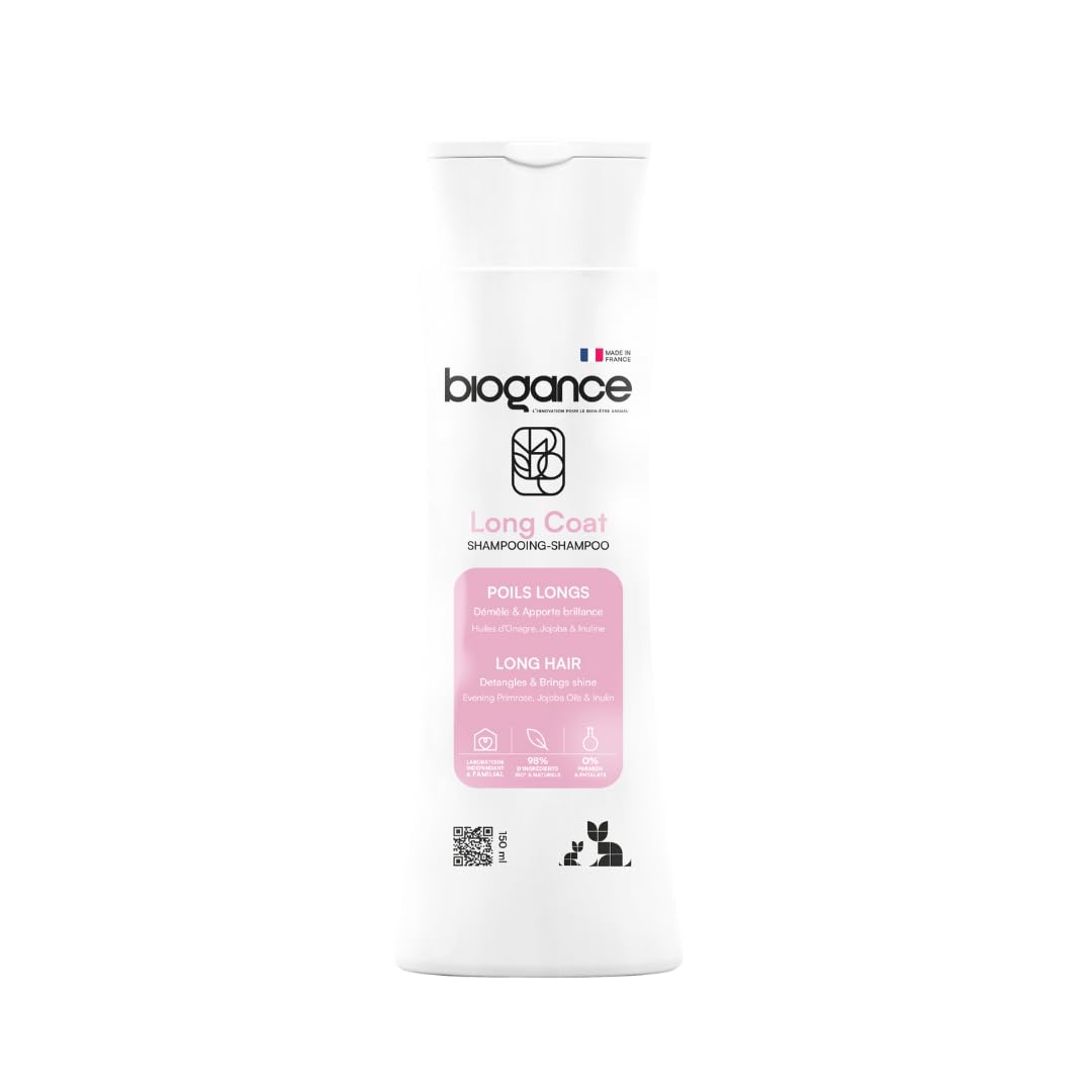 Biogance - Shampooing Poils Longs - Long Coat - 150 ML - Produit hygiène pour Chat - à Base d’Huile de jojoba, d’Evening Primrose, d’inuline