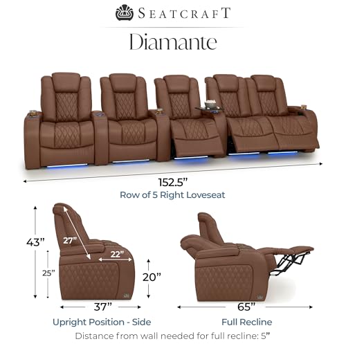 Image of Seatcraft Diamante Tobacco Italian Leather Home Theater Seating, Zero Gravity Power Recliner Gaming and Home Office Chair Powered Headrest Lounge Sofa Furniture Cinema Room, Row of 5 Right Loveseats