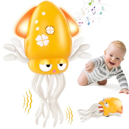 Image of AOTIBO Baby Dancing Octopus Toy for 1 2 3 4 5 Year Old Boy Girl, Baby Tummy Time Electric Crawling Octopus Toys 12-18 Months, Dancing Squid Toy for Walking Toddlers, Kids 1st Birthday Gifts, Yellow
