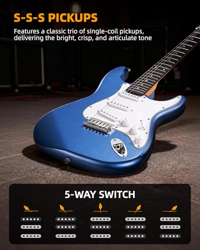Image of LEKATO Beginner Electric Guitar Kit 39 Inch Full Size Solid Body Guitar SSS for Starter Roasted Maple Neck Stainless Steel Frets, 5w Plug-in Amp, Bag, Tuner, Capo, Strap, Picks, String, Cable - Blue