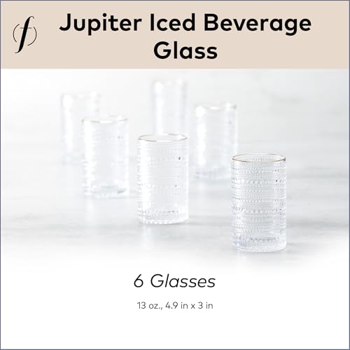 Fortessa Jupiter Beaded Hobnail Glass, 13 Ounce Iced Beverage (Set of 6), Gold Rim Clear by Fortessa - Image 5