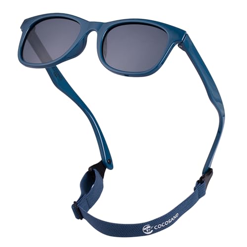 COCOSAND Kids Sunglasses with Strap Flexible Polarized UV Protection for Toddlers & Schoolchild Boys Girls Ages 4-10 Navy Blue with Grey Lens
