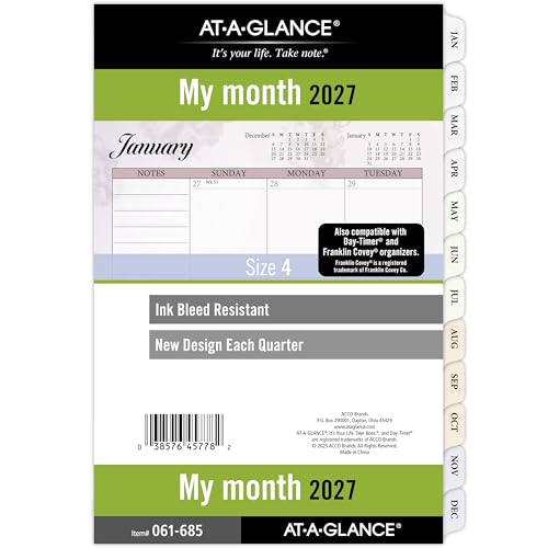 AT-A-GLANCE 2027 Planner Refill, Monthly, 5.5" x 8.5", Desk Size 4, Tabbed, 7-Ring Loose-Leaf, Unruled Blocks, Nature (061-685-27)