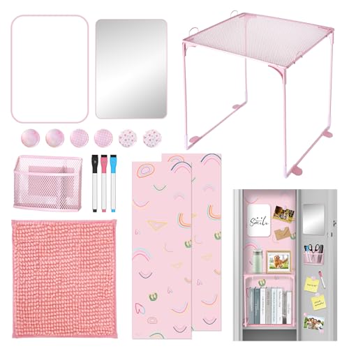 AKONEGE 16 Pcs Pink Locker Accessories for Girls, Locker Organizer & Decorations with Shelf, Rug, Magnetic Wallpaper, Mirror, Whiteboard, Pen Holder, Markers, Magnets for Back to School Office Gym
