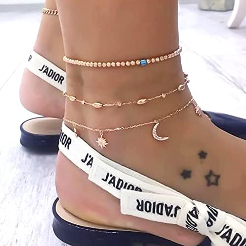 Moon Star Anklet Crystal Crescent Beads Anklet Bracelet Boho Layered Beach Foot Chain Adjustable Jewelry for Women Girls Teens