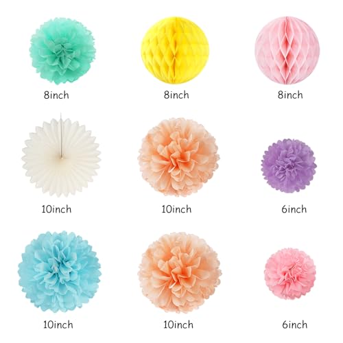 Image of Pastel-Rainbow Colorful Birthday Party-Decorations Paper-Flowers - 14pcs Happy Banner Carnival Theme Lanterns Tissue Pom Poms,Macaron Streamers Garland Fans Honeycomb Hanging Supplies Decor Hugfond